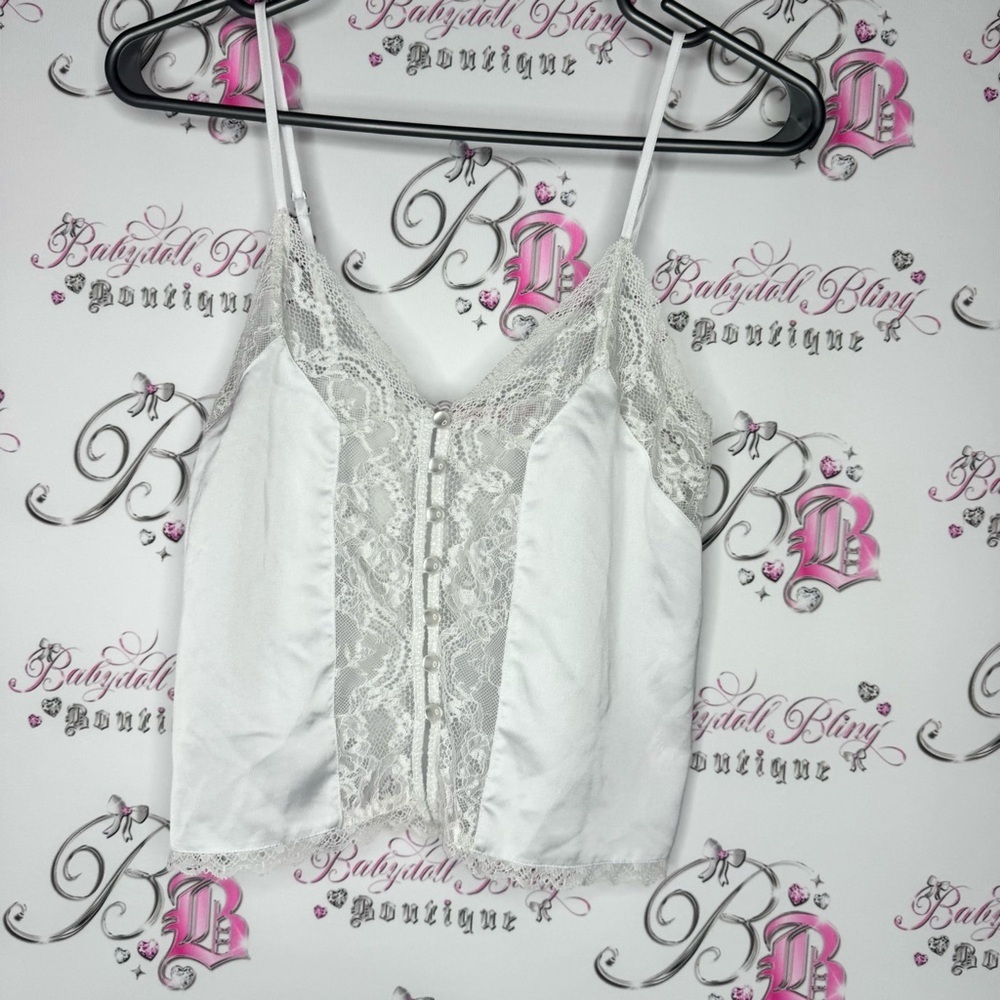 La vie en rose tank top camisole buttons shiny shimmer Lace Trim White Cami Top - Picture 2 of 12